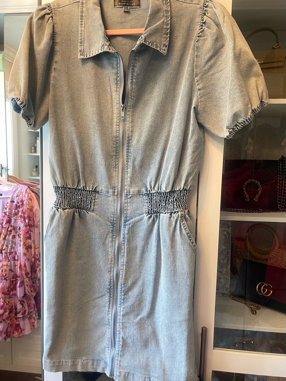 Blue Blush Light Wash Denim Zip-Front Puff Sleeve Dress